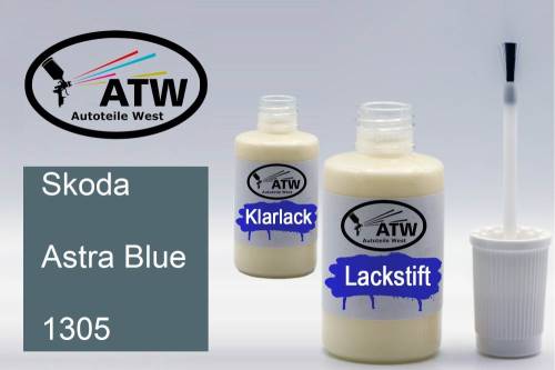 Skoda, Astra Blue, 1305: 20ml Lackstift + 20ml Klarlack - Set, von ATW Autoteile West.